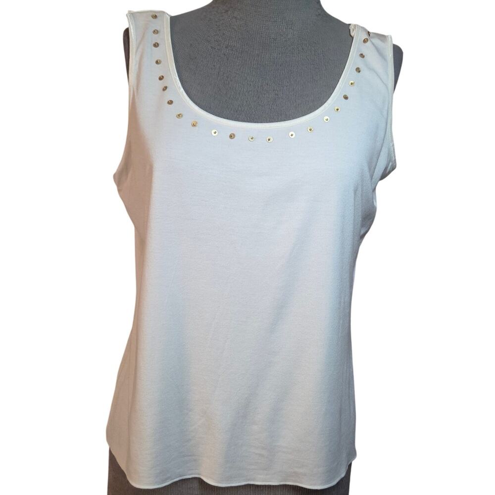 Anne Klein Cream Sequin Embellished Neckline Size Large